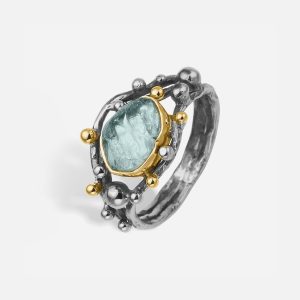 Urban Harlem Buds Aqua Raw ring – silver och 14K guld, akvamarin